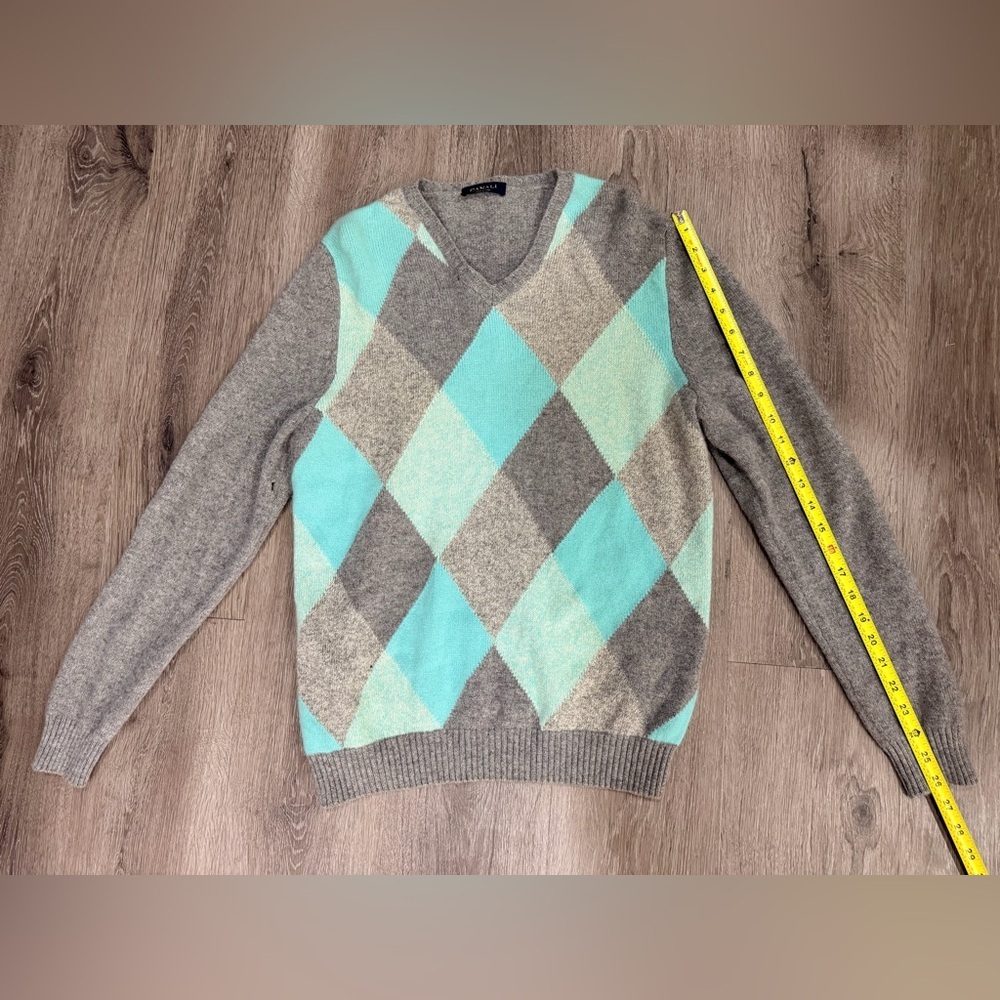 Canali Men's V-Neck Argyle Sweater in Gray and Aqua - Picture 3 of 10